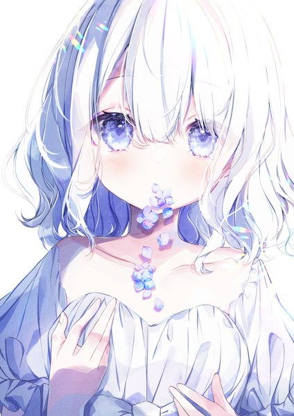 Anime picture 3643x5159 with original kotamun single tall image looking at viewer blush fringe highres short hair simple background hair between eyes white background purple eyes absurdres white hair hand on chest girl flower (flowers) hydrangea