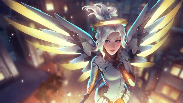 Anime picture 5760x3240 with overwatch blizzard entertainment mercy (overwatch) tsuaii single blush fringe highres short hair blue eyes blonde hair simple background wide image signed looking away absurdres upper body white hair ponytail parted lips