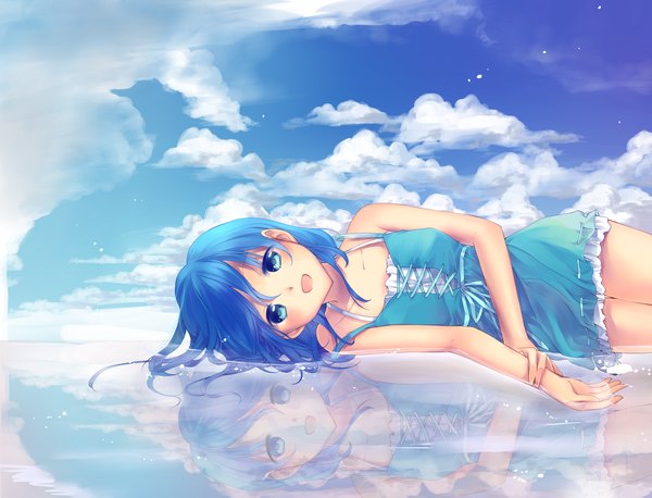 Anime picture 1360x1040 with original hinata honaka single blush short hair open mouth blue eyes blue hair sky cloud (clouds) lying reflection girl dress