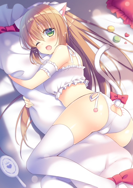 Anime picture 600x847 with original sumisaki yuzuna single long hair tall image looking at viewer blush fringe open mouth light erotic hair between eyes brown hair green eyes animal ears ass ponytail tail lying animal tail one eye closed