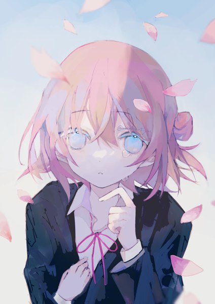 Anime picture 1705x2413 with original warabimoti yoz single tall image looking at viewer fringe highres short hair blue eyes hair between eyes signed pink hair from above hair bun (hair buns) twitter username tears cherry blossoms no pupils empty eyes girl