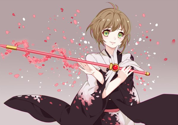 Anime picture 1240x874 with card captor sakura clamp kinomoto sakura eve kurigoyu single blush fringe short hair simple background smile brown hair green eyes looking away ahoge traditional clothes parted lips japanese clothes grey background girl weapon