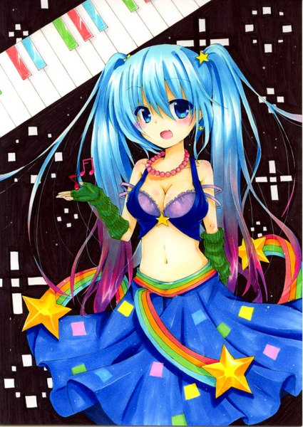 Anime picture 1289x1821 with league of legends sona buvelle arcade sona (league of legends) maple meru single long hair tall image looking at viewer blush breasts open mouth blue eyes light erotic twintails blue hair midriff girl skirt navel hair ornament
