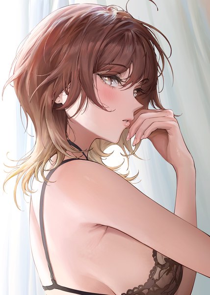 Anime picture 1200x1683 with idolmaster idolmaster shiny colors aketa mikoto ame (uten cancel) single long hair tall image looking at viewer blush fringe breasts light erotic hair between eyes brown hair large breasts brown eyes upper body ahoge parted lips multicolored hair