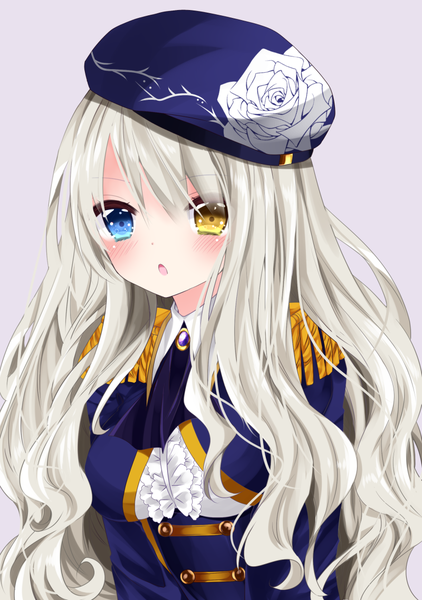 Anime-Bild 800x1137 mit original nanase nao single long hair tall image looking at viewer blush fringe open mouth blue eyes simple background hair between eyes yellow eyes silver hair upper body parted lips hair over one eye grey background :o heterochromia