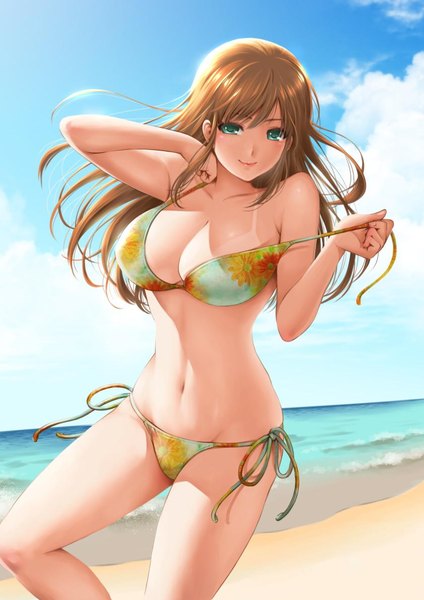 Anime picture 842x1191 with domestic na kanojo tachibana hina sasuga kei single long hair tall image looking at viewer blush fringe light erotic smile hair between eyes brown hair standing green eyes sky cloud (clouds) outdoors arm up beach