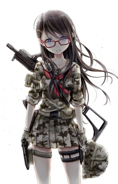 Anime picture 644x1000 with original nuwanko single long hair tall image looking at viewer fringe breasts simple background brown hair white background holding pleated skirt zettai ryouiki camouflage girl skirt gloves uniform hair ornament