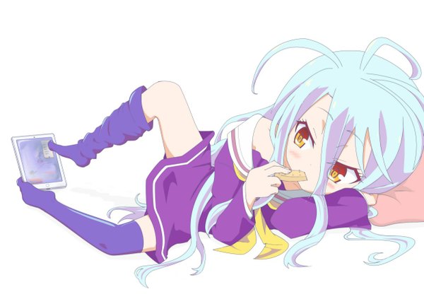 Anime picture 1240x876 with no game no life madhouse shiro (no game no life) gobanme no mayoi neko single blush simple background hair between eyes white background brown eyes blue hair very long hair eating girl thighhighs dress cookie (cookies)