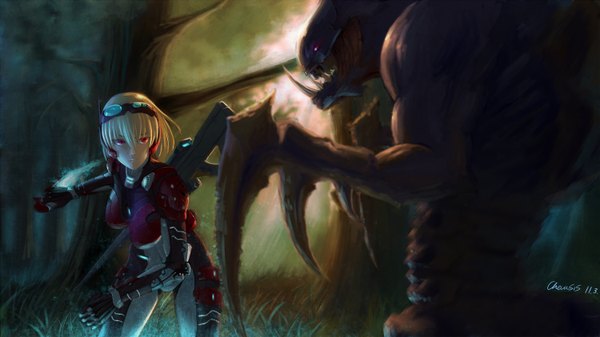 Anime picture 3000x1687 with starcraft blizzard entertainment nova (starcraft) hydralisk chevasis (artist) highres short hair blonde hair red eyes wide image glowing girl weapon plant (plants) tree (trees) bodysuit grass forest goggles monster