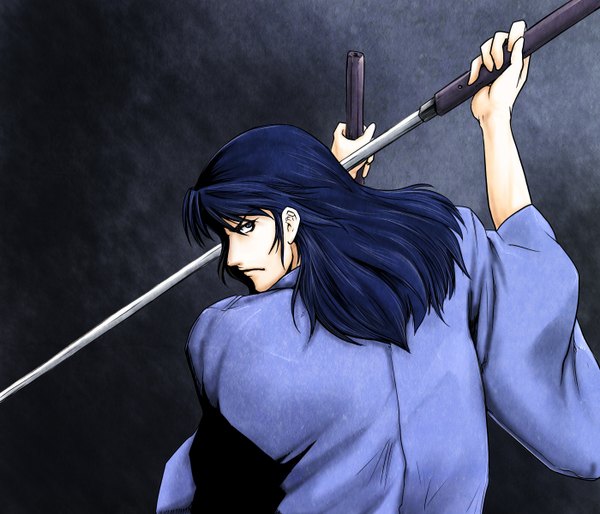 Anime picture 1400x1200 with lupin iii ishikawa goemon xiii ledjoker07 single long hair simple background blue hair looking back black eyes boy sword katana