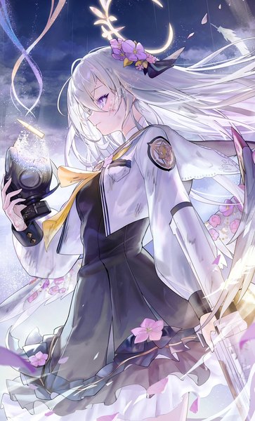 Anime picture 1240x2048 with blue archive azusa (blue archive) koka (rikku-file) single long hair tall image fringe hair between eyes standing purple eyes holding silver hair profile hair flower wind dirty girl dress flower (flowers) weapon