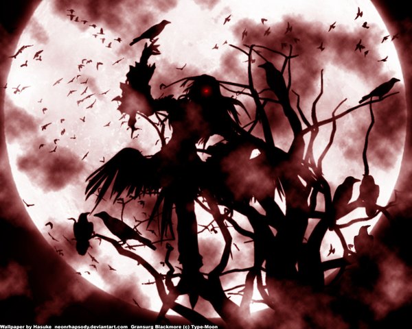 Anime picture 1280x1024 with shingetsutan tsukihime type-moon gransurg blackmore hasuke single long hair red eyes standing signed full body outdoors character names glowing glowing eye (eyes) third-party edit silhouette bare tree flock boy plant (plants)