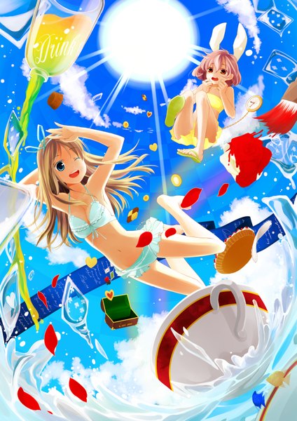 Anime picture 1239x1753 with alice in wonderland alice (wonderland) white rabbit ahira yuzu long hair tall image short hair open mouth blue eyes blonde hair red eyes brown hair multiple girls sky cloud (clouds) one eye closed wink bunny ears girl 2 girls
