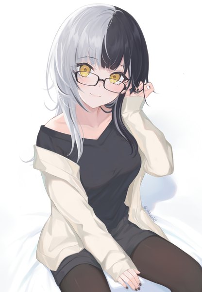 Anime picture 2253x3250 with virtual youtuber hololive hololive english shiori novella zinkaa single long hair tall image looking at viewer blush fringe highres black hair simple background smile white background sitting signed yellow eyes payot