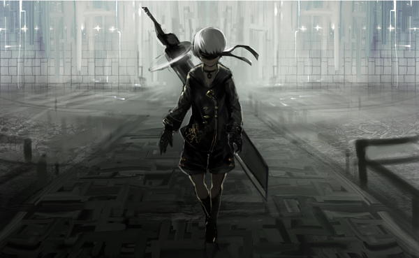 Anime picture 2584x1590 with nier nier:automata yorha no. 9 type s tarbo (exxxpiation) single fringe highres short hair wide image standing full body white hair long sleeves boy gloves weapon sword choker black gloves socks