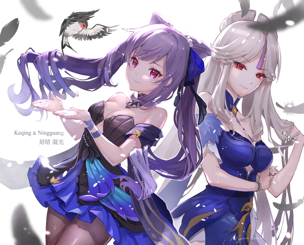 Anime picture 3400x2744 with genshin impact keqing (genshin impact) ningguang (genshin impact) keqing (opulent splendor) (genshin impact) ningguang (orchid's evening gown) (genshin impact) nyansan oekaki long hair highres smile red eyes purple eyes twintails multiple girls looking away absurdres silver hair purple hair character names official alternate costume adjusting hair