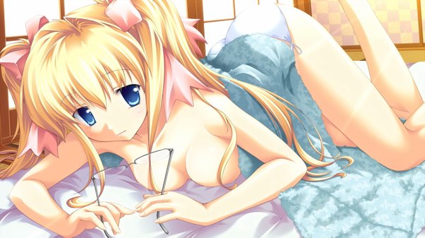 Anime picture 1600x900 with blue eyes light erotic blonde hair wide image twintails game cg girl underwear panties glasses