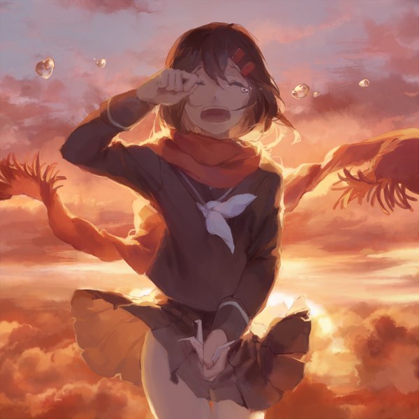 Anime picture 880x880 with kagerou project shaft (studio) tateyama ayano spencer sais single long hair fringe open mouth hair between eyes brown hair sky cloud (clouds) eyes closed pleated skirt arm up wind sunlight teeth tears evening