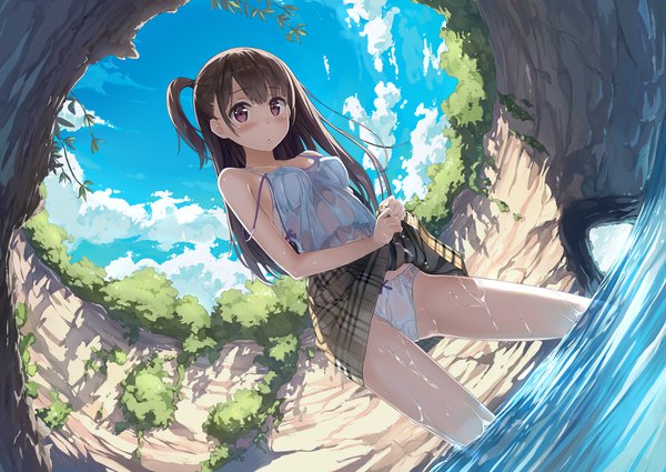 Anime picture 3500x2481 with original 5 nenme no houkago shizuku (kantoku) kiriko (araragikoyomi) single long hair blush highres open mouth light erotic brown hair purple eyes absurdres sky cloud (clouds) scan embarrassed one side up wet clothes wringing clothes