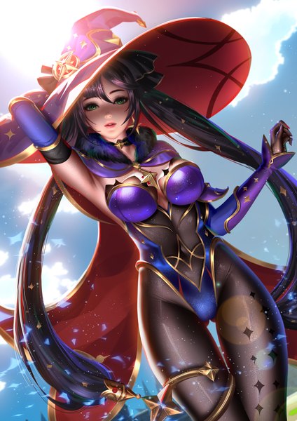 Anime-Bild 2828x4000 mit genshin impact mona megistus liang xing single long hair tall image looking at viewer fringe highres breasts light erotic black hair hair between eyes large breasts standing twintails green eyes sky cloud (clouds) parted lips