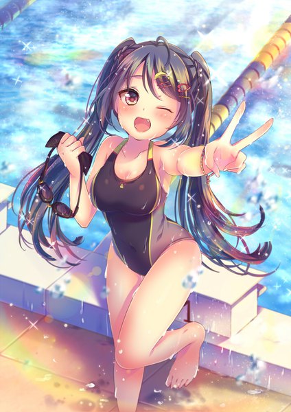 Anime picture 706x1000 with original moe2017 nemuri nemu single long hair tall image looking at viewer blush open mouth light erotic black hair standing twintails brown eyes ahoge bent knee (knees) one eye closed from above wink sparkle