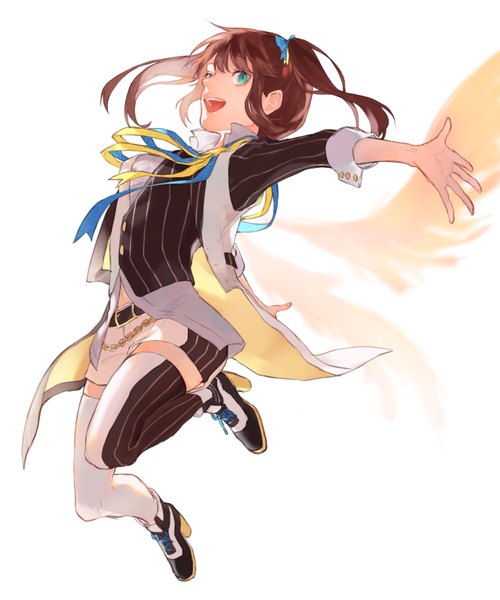Anime picture 2759x3315 with idolmaster idolmaster side-m idolmaster side-m live on stage! mizushima saki yokuni (yokunill001121) single long hair tall image highres open mouth simple background brown hair white background twintails green eyes payot full body spread arms jumping otoko no ko