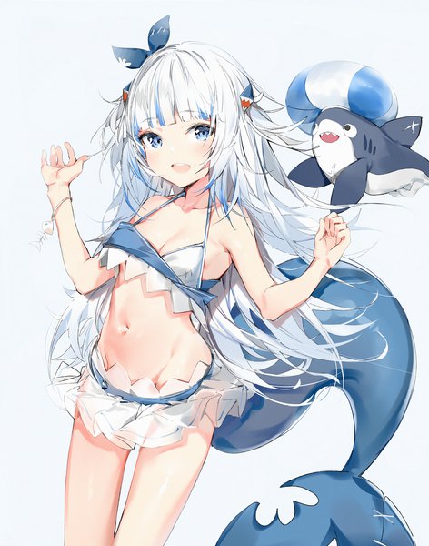 Anime picture 2268x2885 with virtual youtuber hololive hololive english gawr gura bloop (gawr gura) silver (chenwen) single long hair tall image looking at viewer highres open mouth blue eyes light erotic simple background white hair :d multicolored hair two side up streaked hair