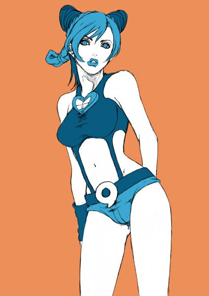 Anime picture 566x800 with jojo no kimyou na bouken kujo jolyne chounorin single tall image looking at viewer blue eyes light erotic simple background bare shoulders blue hair braid (braids) multicolored hair two-tone hair bare belly midriff hair bun (hair buns) lipstick ass visible through thighs hands behind back