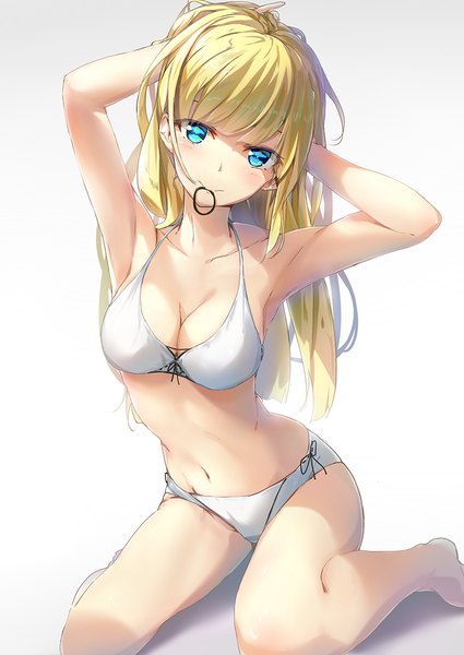 Anime picture 780x1102 with original wingheart single long hair tall image blush fringe breasts blue eyes light erotic simple background blonde hair large breasts white background sitting holding looking away cleavage bent knee (knees) blunt bangs