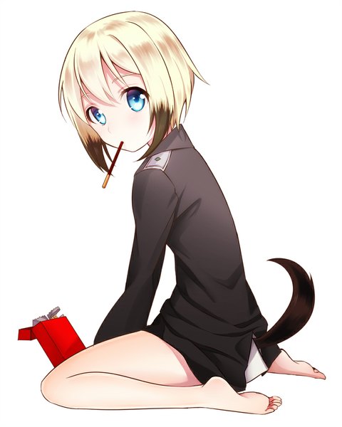 Anime picture 800x1000 with strike witches erica hartmann pomery single tall image looking at viewer blush short hair blue eyes simple background blonde hair white background sitting holding tail animal tail barefoot mouth hold eating dog tail