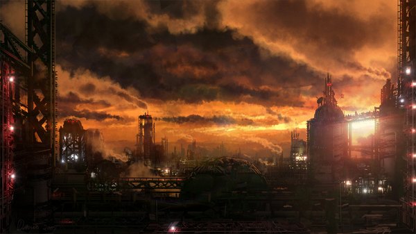Anime picture 1155x650 with original i netgrafx (artist) wide image sky cloud (clouds) city evening sunset cityscape panorama smog building (buildings)