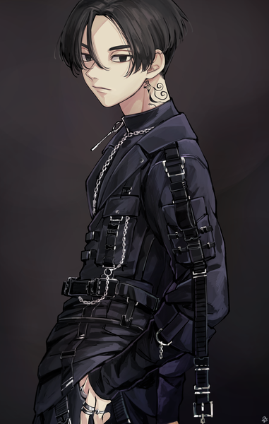 Anime picture 2600x4093 with tokyo revengers sano manjirou pizza oisii6 single tall image highres short hair black hair simple background upper body black eyes tattoo black background hand in pocket expressionless boy ring