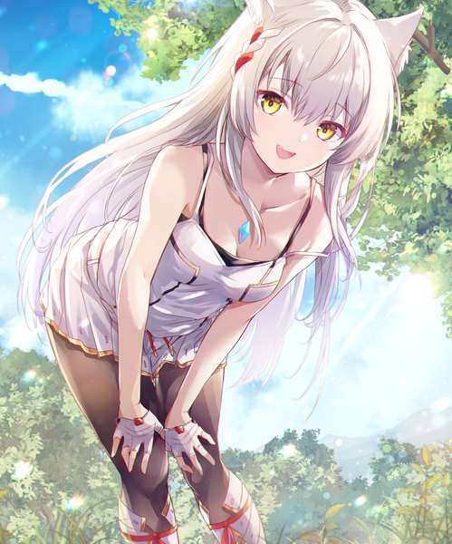 Anime picture 1680x2020 with xenoblade unlight xenoblade 3 mio (xenoblade) ui frara single long hair tall image looking at viewer fringe breasts open mouth smile hair between eyes standing bare shoulders animal ears yellow eyes sky cleavage