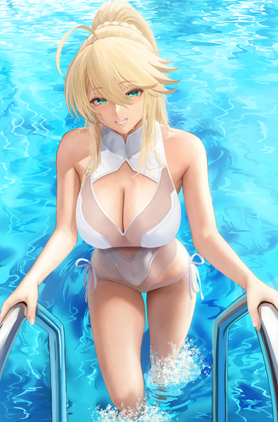 Anime picture 1508x2285 with fate (series) fate/grand order artoria pendragon (all) artoria pendragon (swimsuit ruler) (fate) artoria pendragon (swimsuit ruler) (second ascension) (fate) yamaneko (tkdrumsco) single long hair tall image looking at viewer blush fringe breasts light erotic blonde hair smile hair between eyes large breasts green eyes payot