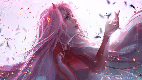 Anime picture 1450x816 with darling in the franxx studio trigger zero two (darling in the franxx) seiorai single long hair fringe open mouth simple background hair between eyes wide image looking away pink hair upper body long sleeves arm up horn (horns) aqua eyes blurry realistic
