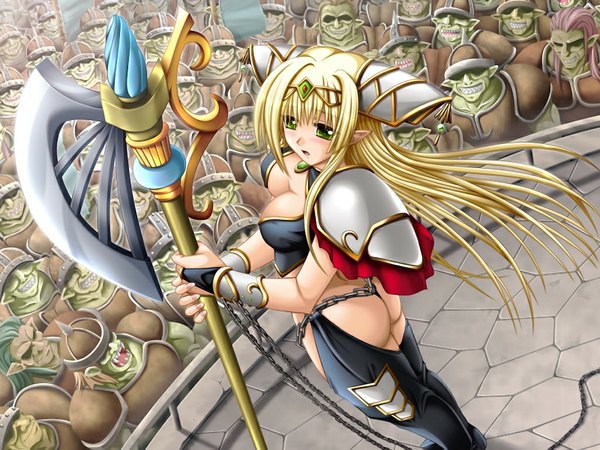 Anime picture 1024x768 with meishoku no reiki long hair breasts open mouth light erotic blonde hair smile large breasts green eyes game cg elf slave soldier girl weapon lance