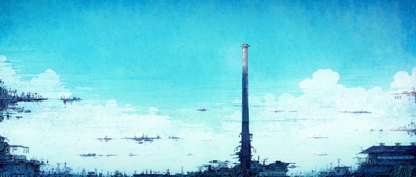 Anime picture 1880x800 with original gracile highres wide image sky cloud (clouds) no people building (buildings) tower