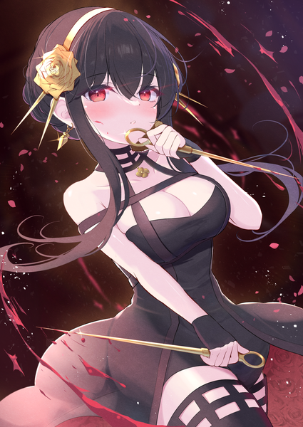 Anime picture 1003x1416 with spy x family yor briar mikaze oto single long hair tall image looking at viewer blush fringe breasts light erotic black hair hair between eyes red eyes large breasts cleavage bloody weapon girl dress earrings