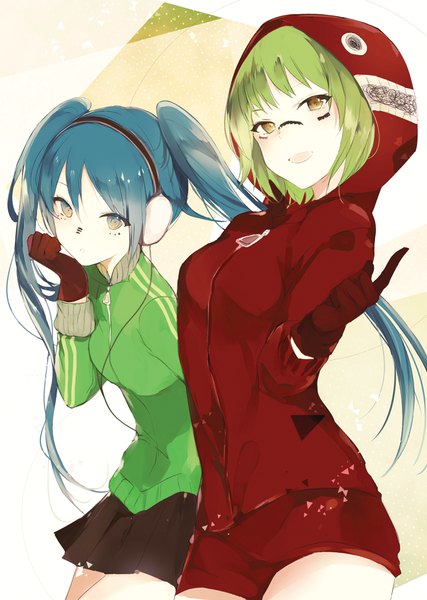 Anime picture 700x984 with vocaloid matryoshka (vocaloid) hatsune miku gumi lpip long hair tall image looking at viewer short hair open mouth smile standing twintails multiple girls brown eyes blue hair pleated skirt green hair leaning leaning forward