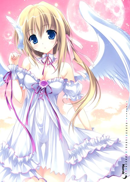 Anime picture 5010x7000 with original karory single long hair tall image looking at viewer blush highres blue eyes blonde hair bare shoulders absurdres scan calendar 2014 girl dress flower (flowers) ribbon (ribbons) hair ribbon wings