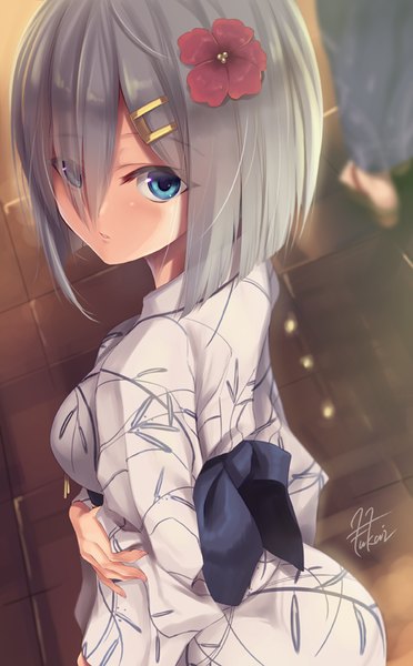 Anime picture 515x830 with kantai collection hamakaze destroyer fukai ryosuke single tall image looking at viewer fringe short hair blue eyes signed silver hair outdoors traditional clothes japanese clothes looking back hair flower from above from behind hair over one eye girl