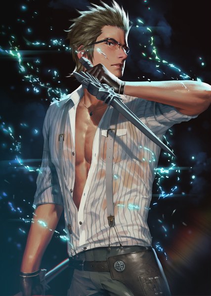 Anime picture 711x1000 with final fantasy final fantasy xv square enix ignis scientia penguin frontier single tall image short hair standing holding looking away upper body parted lips arm up black eyes turning head dark background striped wet clothes glow