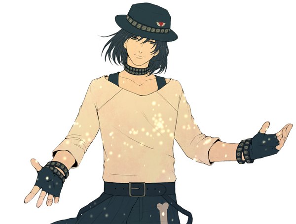 Anime picture 1142x867 with dramatical murder nitro+chiral sei (dramatical murder) koneko0220 single short hair black hair simple background smile white background black eyes spread arms boy hat wings bracelet belt heart fingerless gloves collar