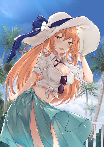 Anime picture 800x1130 with girls frontline m1903 springfield (girls frontline) coffeedog single long hair tall image blush fringe breasts open mouth light erotic blonde hair hair between eyes large breasts green eyes sky sunlight bare belly leaning front-tie top