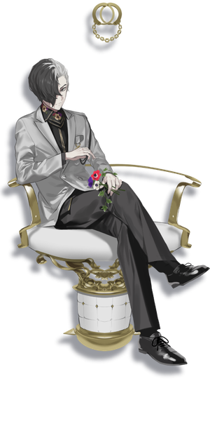 Anime picture 512x1024 with caligula satake shogo oguchi (sugimoto gang) single tall image looking at viewer fringe short hair black hair sitting full body white hair multicolored hair hair over one eye two-tone hair official art grey eyes crossed legs transparent background boy