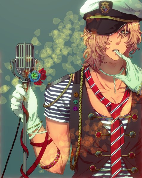 Anime picture 1064x1334 with uta no prince-sama a-1 pictures shinomiya satsuki sukichi single tall image mouth hold striped glove biting boy gloves ribbon (ribbons) necktie jewelry microphone cap microphone stand sailor hat