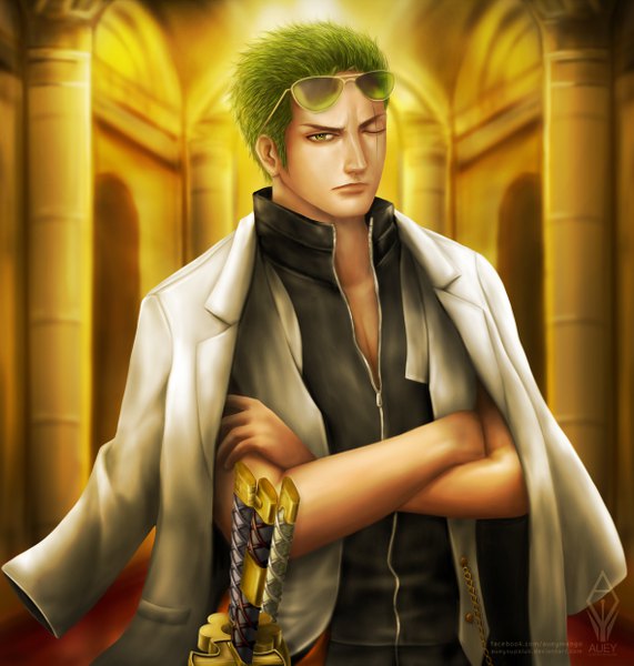 Anime picture 4724x4961 with one piece toei animation roronoa zoro auey supaluk single tall image looking at viewer highres short hair standing green eyes signed absurdres upper body one eye closed green hair realistic depth of field watermark scar