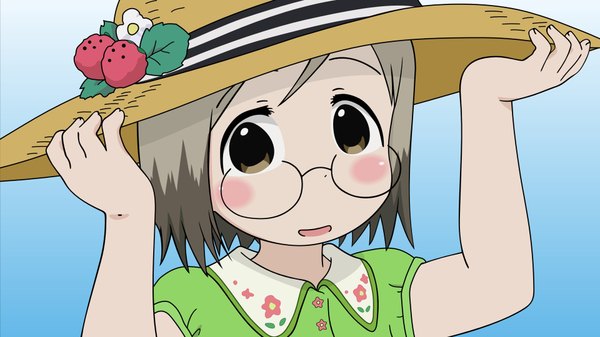 Anime picture 1920x1080 with ichigo mashimaro sakuragi matsuri single looking at viewer blush highres short hair open mouth brown hair wide image brown eyes short sleeves blue background adjusting hat girl hat glasses food berry (berries) strawberry