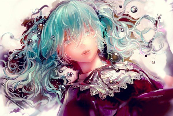 Anime picture 1652x1112 with vocaloid hatsune miku si (pixiv) single long hair looking at viewer twintails lying aqua eyes aqua hair on back tears crying girl dress ribbon (ribbons) water water drop lace
