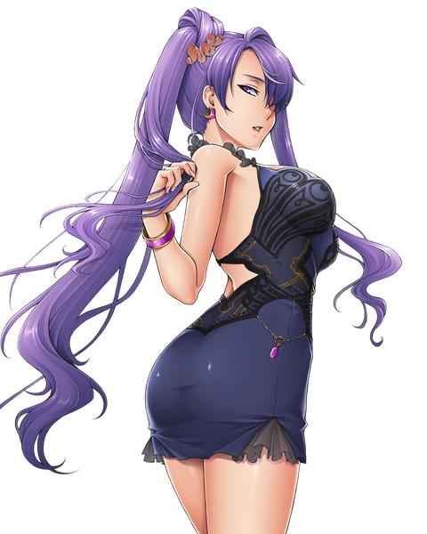 Anime picture 864x1080 with daibouken! yukeyuke osawari island tagme (character) tagme (artist) single long hair tall image looking at viewer fringe breasts open mouth light erotic large breasts purple eyes twintails bare shoulders purple hair ass looking back hair over one eye transparent background